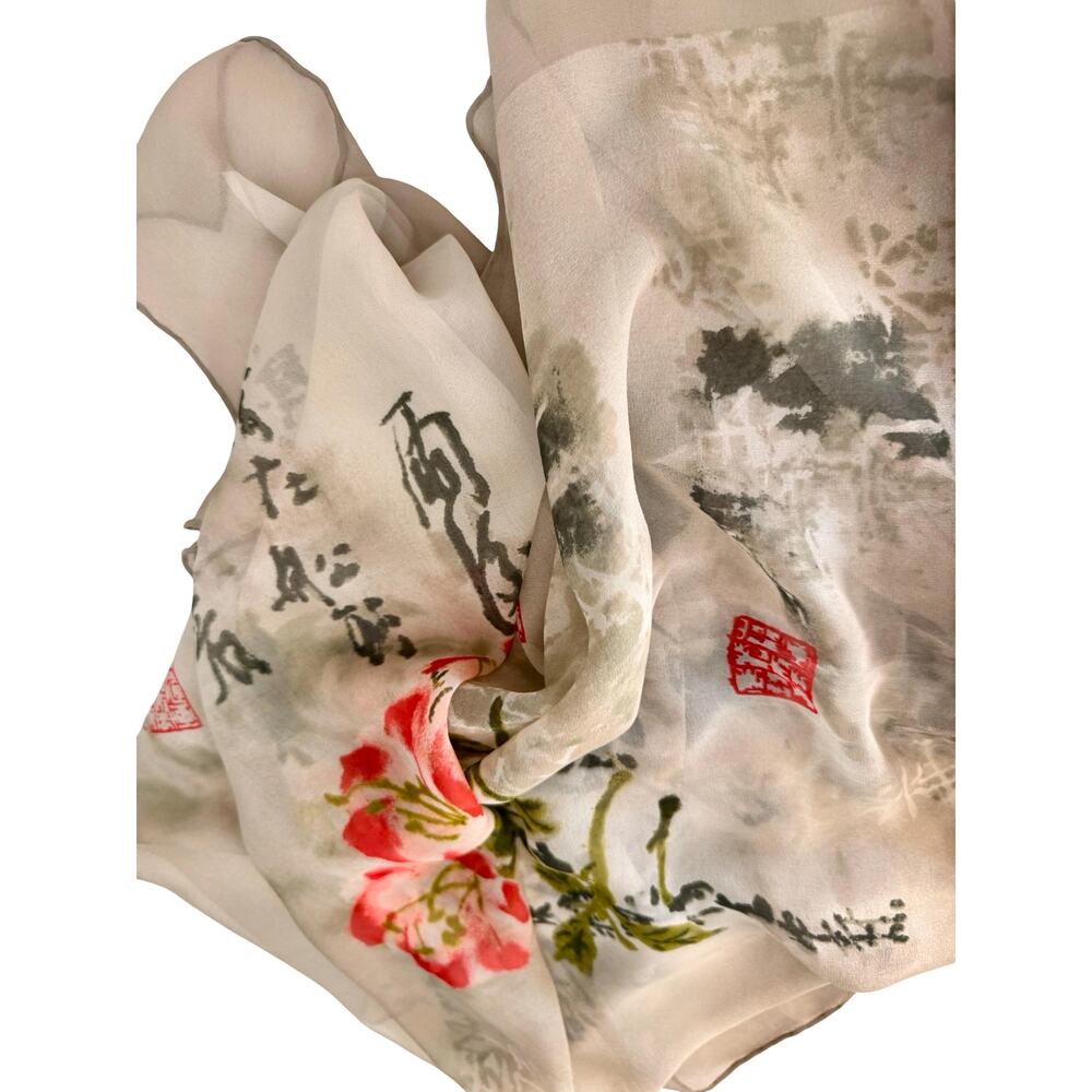 Vintage 1990s Asian Watercolor Calligraphy Silk Chiffon Scarf 40x42 - Picture 6 of 14